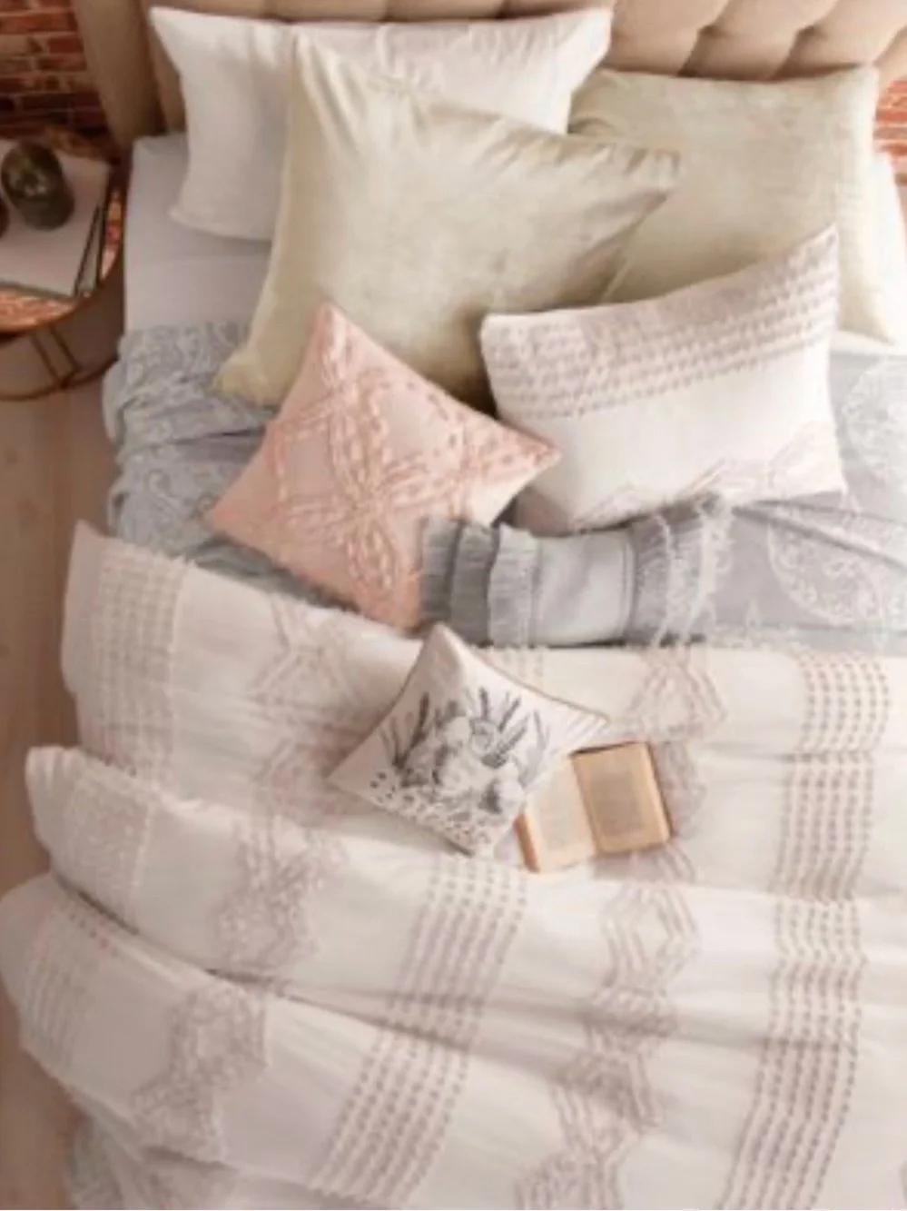 White duvet cover with purple embellishments
